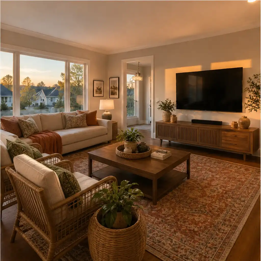 After: Living room seating area, staged by Estaray — consistent in every angle