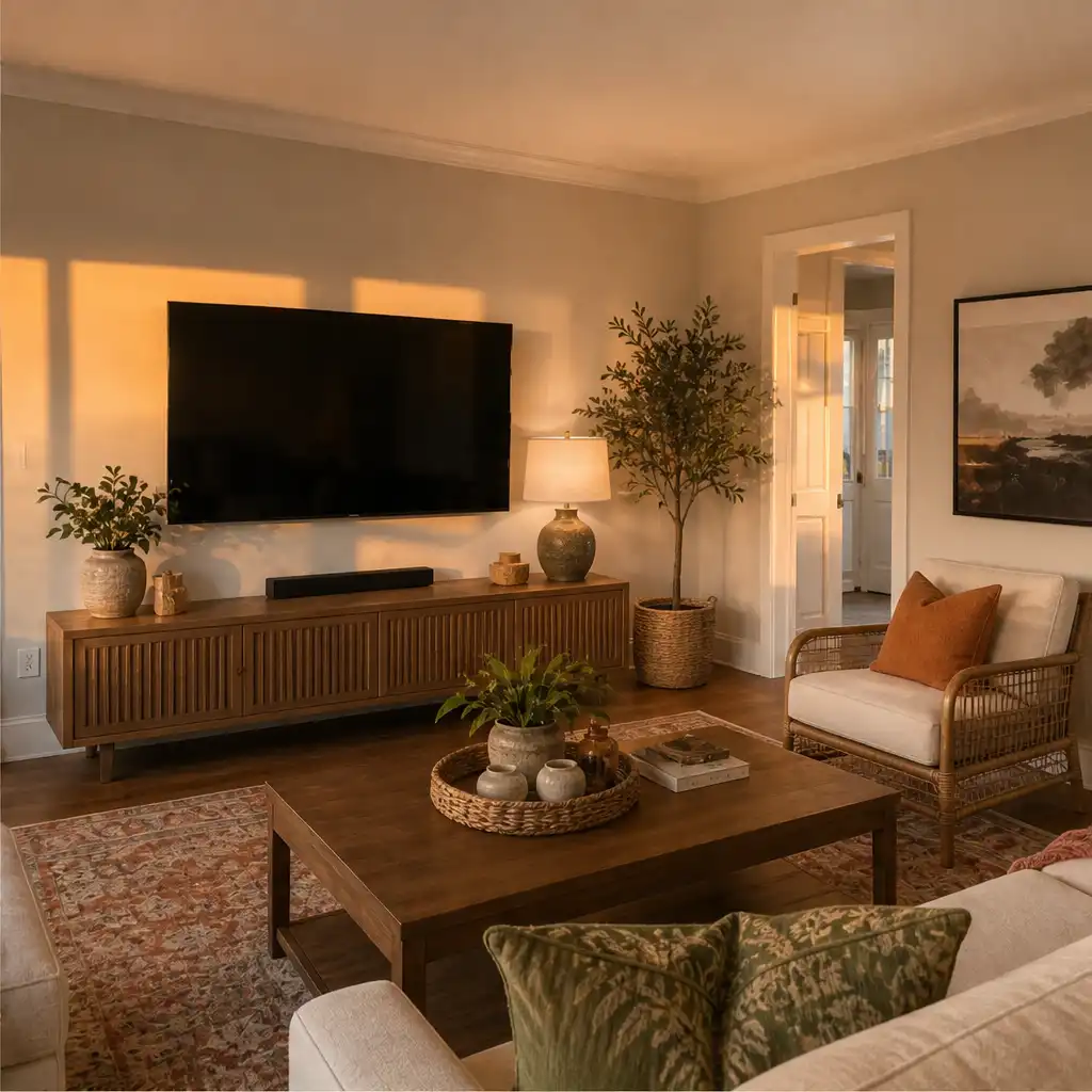 After: Living room media wall, staged by Estaray — consistent in every angle