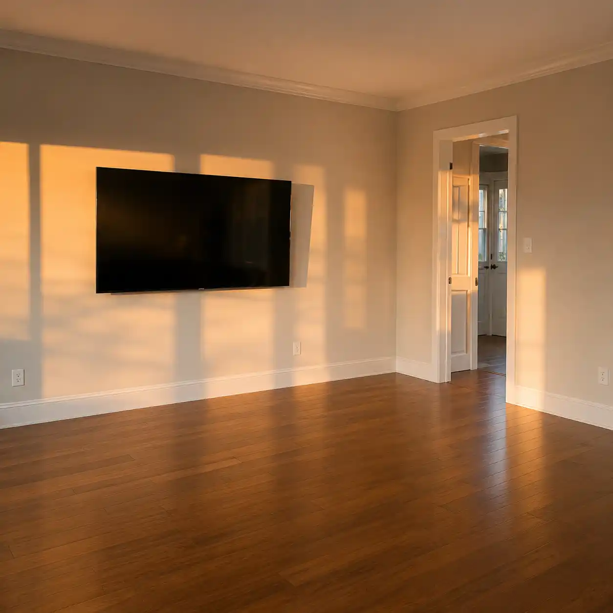 Before: Living room media wall, staged by Estaray — consistent in every angle
