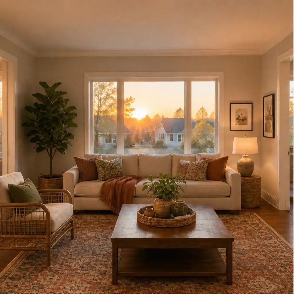 After: Living room by the window, staged by Estaray — consistent in every angle