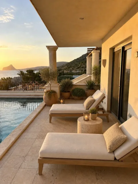 Staged pool terrace with outdoor seating area, Luxury style