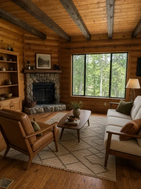 Staged forest cabin living room with large windows, Mid-Century style