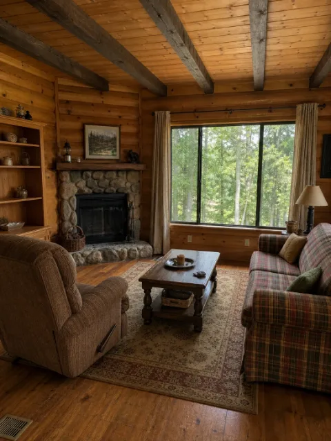 Empty forest cabin living room with large windows