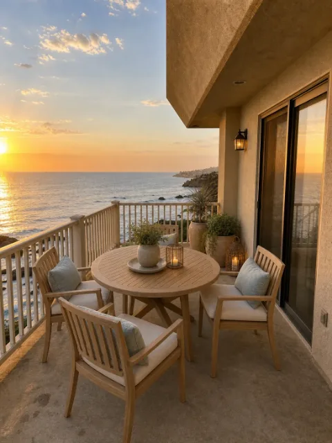 Staged ocean view balcony with outdoor dining area, Coastal style