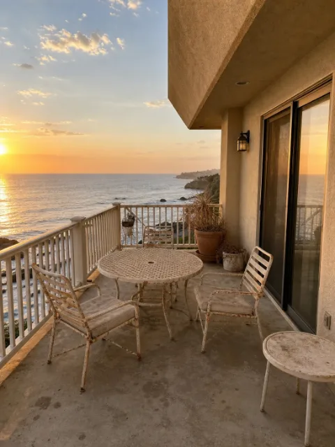 Empty ocean view balcony with outdoor dining area