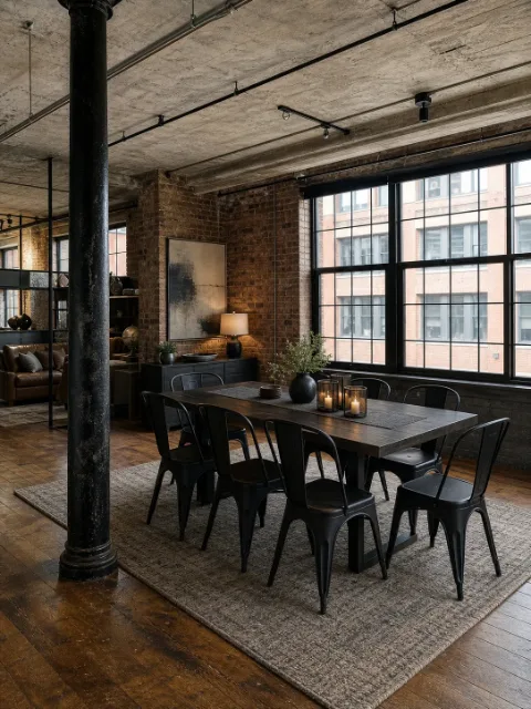 Staged industrial loft dining room with exposed brick, Industrial style