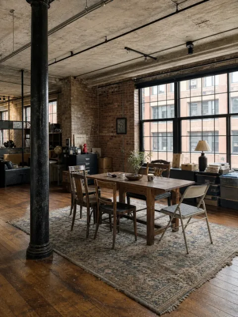 Dated industrial loft dining room with exposed brick and mismatched furniture